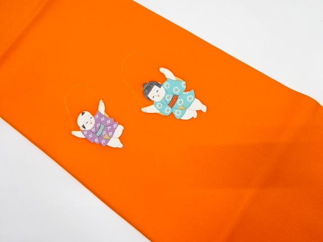 塩瀬　手描き　御所人形模様　名古屋帯